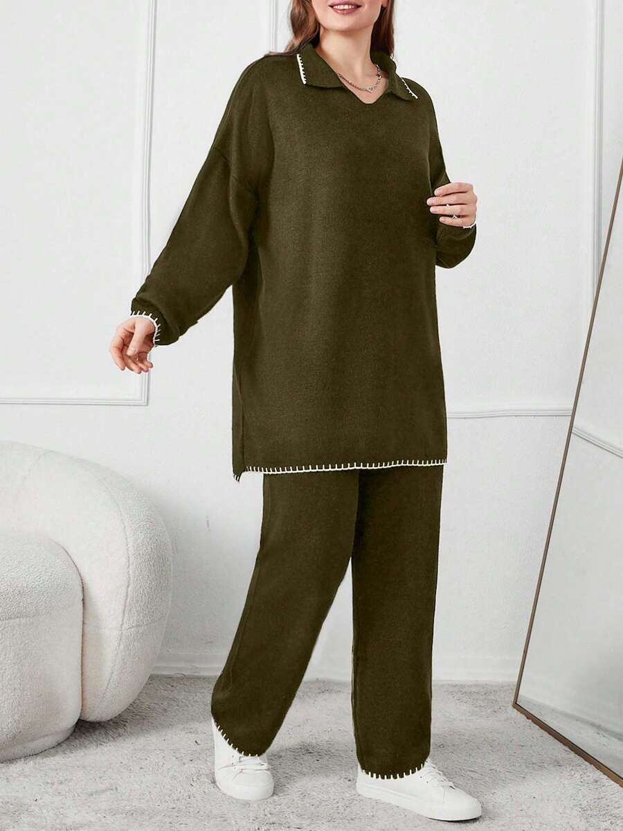 EURMUSE 精致黑白加大码毛衣套装 - 軍綠色 - 查看 1
