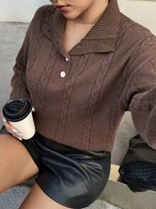 Dazy Plus 時尚休閒寬鬆針織麻花半開領高領大尺碼女款毛衣，秋冬長袖上衣 - 棕色 - 查看 7