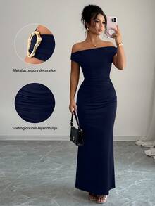 Rafferiza Elegant Ruched Off Shoulder Metallic Accent Fitted Party Dress For Women - Navy Blue - View 8