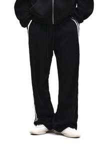 SUMWON Straight Fit Side Stripe Textured Pull On Pants With Elastic Waist And Comfort Drawstring - Black - View 2