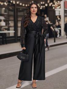 SHEIN LUNE Plus Size Women's Sequin Patchwork Long Sleeve Belted Wide Leg Elegant Jumpsuit New Year Sparkly - Black - View 4