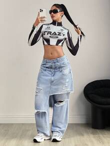 SHEIN Tall 女式宽松破洞口袋休闲牛仔裤 - 淺色水洗藍 - 查看 5