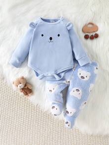 SHEIN Genkimix Kids 2 件装男婴舒适保暖羊毛泰迪熊图案连体衣和裤子家居服套装 - 藍色 - 查看 4