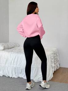 SHEIN EZwear Bộ 2 áo nỉ cổ tròn in họa tiết hình xẻng đen tối giản giản dị và quần legging bó, phù hợp cho mùa thu/đông - Nhiều màu - Xem 2