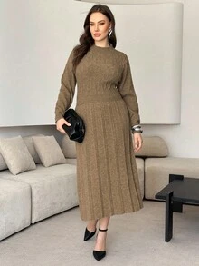 Modelyn 大码女式纹理长袖休闲针织连衣裙，秋冬 - 駝色 - 查看 4