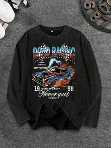 SHEIN Tricou tricotat cu mânecă lungă, lejer, pentru băieți, casual și versatil, confortabil, cu imprimeu de curse, cu guler rotund, potrivit pentru naveta la școală, călătorii zilnice în vacanță, potrivit pentru sport, potrivit pentru festivaluri de primăvară, vară, toamnă și iarnă