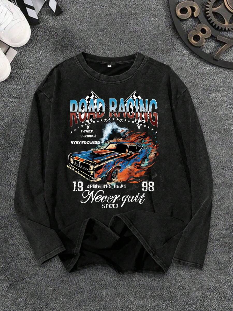 SHEIN Tricou tricotat cu mânecă lungă, lejer, pentru băieți, casual și versatil, confortabil, cu imprimeu de curse, cu guler rotund, potrivit pentru naveta la școală, călătorii zilnice în vacanță, potrivit pentru sport, potrivit pentru festivaluri de primăvară, vară, toamnă și iarnă