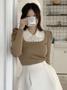 DAZY 法式彼得潘领层叠上衣，二合一泡泡袖毛衣，女款，秋冬 - 駝色 - 查看 3
