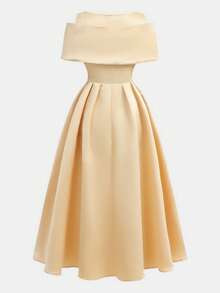 Pitira 少女派对装少女杏色缎面，精致的金属装饰水钻纽扣，单肩褶皱设计开衩 A 字裙，优雅正式婚纱，花童裙 - 杏色 - 查看 2