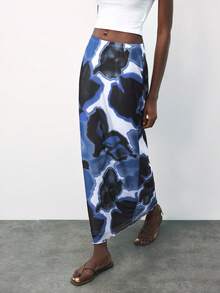 Maija 2025秋冬新款蓝色墨泼不规则花卉印花网纱半身裙，现代优雅都市通勤日常浪漫休闲90年代圣诞节新年、感恩节、派对、海滩、毕业典礼等场合皆宜，时尚百搭，适合婚礼宾客、主人、约会、派对、音乐会、早午餐、机场等多种场合。 - 藍色 - 查看 5