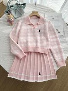 Sparklyn 2pcs/Set Girls Knitted Outfit, Pink Cute Embroidered Rabbit Plaid Sweater + Knitted Mini Skirt, Teenage Girls Long Sleeve V-Neck Pullover, Casual Elegant Style For Autumn/Winter Two Piece Kids Set Skirt Plaid Tween Matching Set Knit Girl Clothes Skirt Set Girl Knit Set Pink Checkers Outfits Kids - Pink - View 5