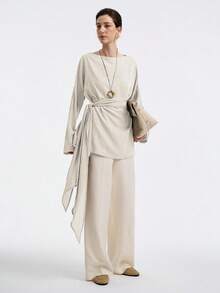 Aalyst 女式亚麻斜纹街头风格休闲宽松 A 字形腰带长衬衫，露肩袖，适合办公室、通勤、度假、春秋冬 - 杏色 - 查看 7