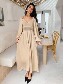 Serisse 女式纯色V领休闲百搭长袖中长连衣裙 - 杏色 - 查看 3