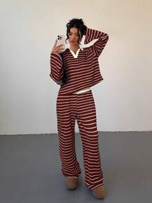 Siren Gaze 女式两件套宽松条纹 V 领落肩长袖 T 恤和松紧腰条纹裤，冬季毛衣套装，秋冬 - 紅色 - 查看 3