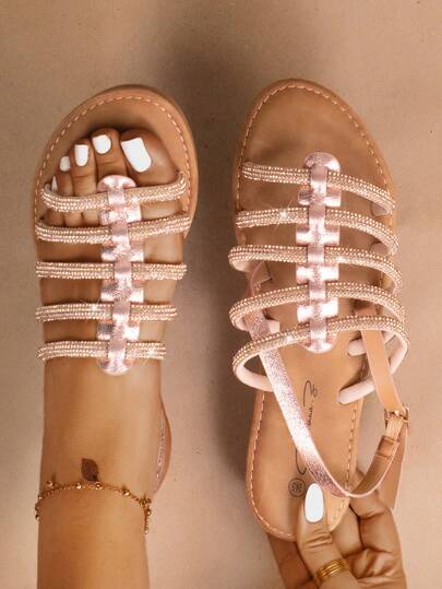 Sandalias para mujer con tiras brillantes, punta abierta, tiras múltiples ajustables, suela plana cómoda, estilo casual elegante, ideales para verano y uso diario