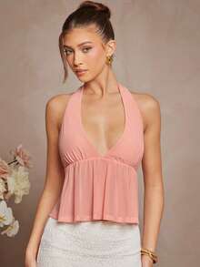 L'Amorae Áo hở lưng mùa hè họa tiết lưới màu hồng pastel, dây buộc, chi tiết mỏng - Hồng - Xem 3