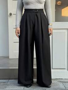 DAZY 2-Button Pleated Decor Loose Wide Leg Black Casual Commuter Long Pants, Plus Size Women, All Season, Spring/Autumn - Black - View 1