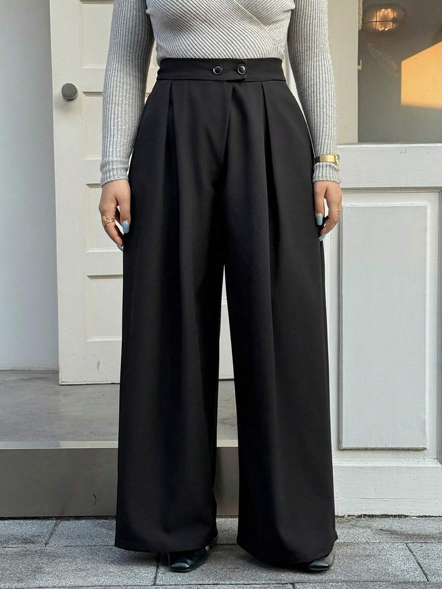 DAZY 2-Button Pleated Decor Loose Wide Leg Black Casual Commuter Long Pants, Plus Size Women, All Season, Spring/Autumn - Black - View 1