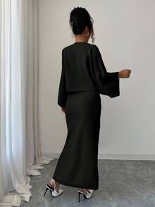 Elenzga 黄色长袖上衣和直筒裙两件套，优雅适合秋冬派对、通勤 - 黑色 - 查看 2