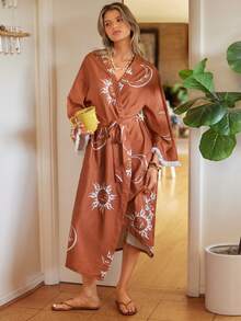 Lullawish Women's Elegant Long Sleeve Robe With Sun, Moon & Bubble Print, Fall, Winter - Multicolor - View 5