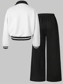 SHEIN ChillGRL HYPEME Tween Girl 女童休闲条纹阔腿裤和字母图案纽扣领棒球夹克 2 件套，时尚日常穿着，秋冬 - 黑色 - 查看 2