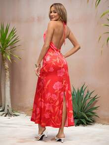 Glamance Carol Caju Women's Elegant Floral Print Hollow-Out Backless Split Dress, Summer Cut Out Maxi Dress Cruise Dinner Dress Vacation Dinner Dress Long Dress Summer Halter Dress Chic Stylish Clothing Collection Long Vacation Dress Tequila Sunrise Dress Hibiscus Dress Backless Summer Dress Tropical Maxi Dress - Multicolor - View 1