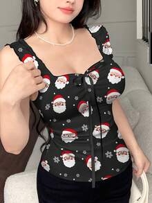 Modelyn Santa Claus & Snowflake Cartoon Print Digital Knit Bow Decor Women Camisole