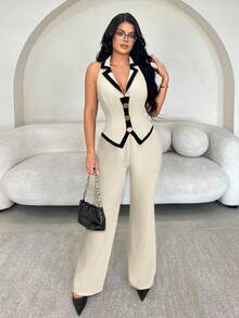 SHEIN SXY 女士撞色翻领金属纽扣装饰吊带上衣和喇叭裤时尚两件套裤装，女士两件套优雅套装 - 杏色 - 查看 4