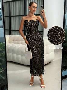 Lavishia Women's Floral Asymmetrical Lace Hollow Out Spaghetti Strap Mid-Length Dress - Black - View 1