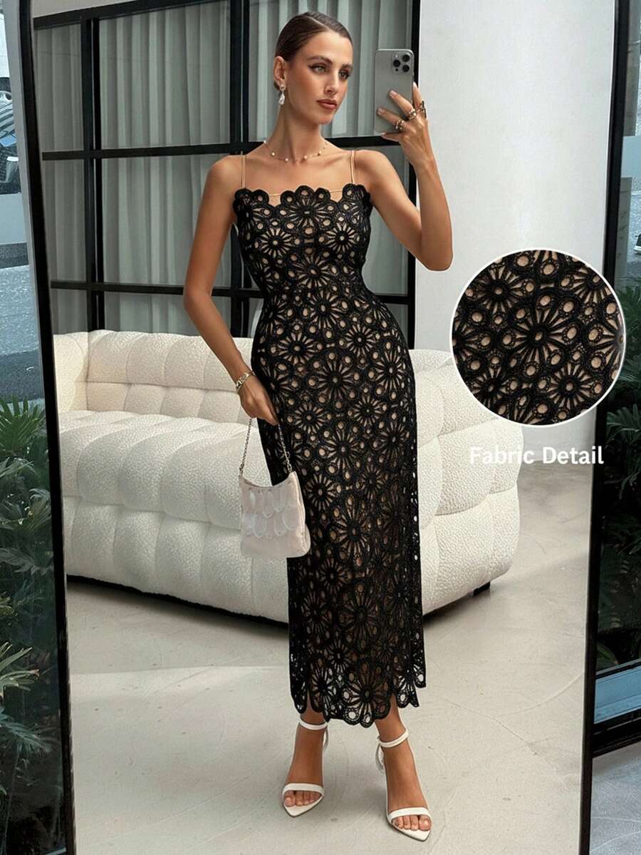 Lavishia Women's Floral Asymmetrical Lace Hollow Out Spaghetti Strap Mid-Length Dress - Black - View 1