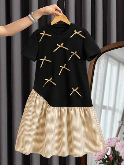 Tween Girls' Summer Casual Striped Dress With Bow Decor