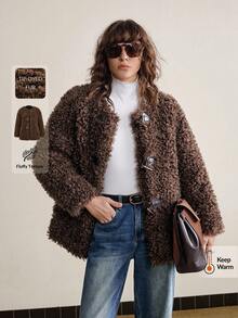 Ontre Women's Coffee Brown Faux Fur Collar Long Sleeve Jacket,Winter Street Style Everyday Front Button Office Wear Old Money Style Vintage High-End Jacket - Coffee Brown - View 3