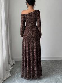 Rafferiza Women's Elegant Leopard Print Brown Checkered Mesh Asymmetrical Shoulder Long Dress,Autumn Date Wedding Guest Homecoming Party Ruched A-Line Gown - Coffee - View 3