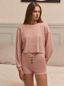 Cosy Pink Rib Loungewear Set With Long Sleeve Top And Button Front Shorts Warm Spring Summer - Pink - View 5