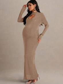 MaterniChic Maternity Solid Beige Long Sleeve Hollow Out Fitted Elegant Dress For Pregnant Women,Autumn Evening Pregnancy Dress For Photoshoot - Khaki - View 6