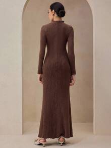 Graceveil Coffee Color Fluffy Knit High Stretch Party & Casual Long Dress For Women, Autumn/Winter - Coffee - View 2