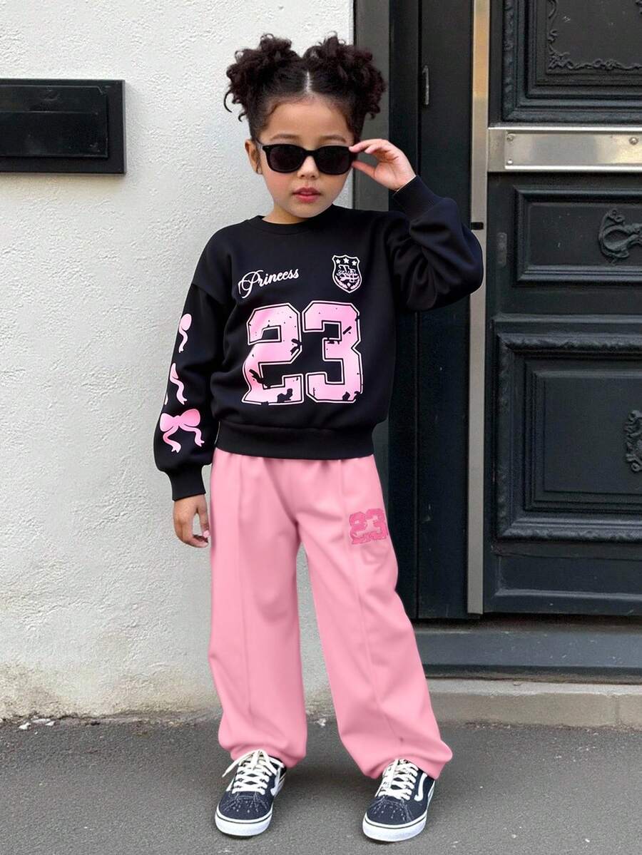 SHEIN Explorewe 2 件套女童休闲时尚 23 号印花长袖运动衫和粉色裤子，秋冬时尚甜美少女休闲装 - 黑色 - 查看 1