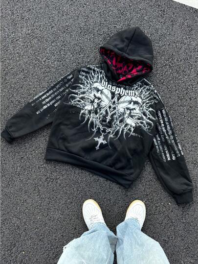 Street Life Men's Casual Skull Slogan Print Long Sleeve Hoodie Sweatshirt, Autumn/Winter