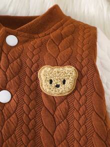 SHEIN Newborn Boy Baby Bear Pattern Double Fried Dough Twists Fabric White Splicing Blue Jacket Two Pieces Suit Fashionable Personalized Handsome Boys And Girls Can Wear - Brown - View 5