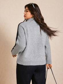 Elaquor Plus Size Color Block High Neck Half Zip Casual Long Sleeve Pullover Sweater/Winter - Grey - View 2