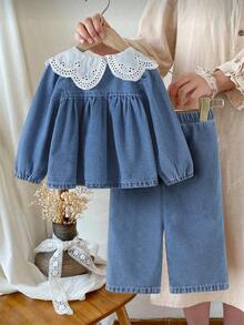 SHEIN 2件套女婴休闲乡村风彼得潘领牛仔套装，秋冬