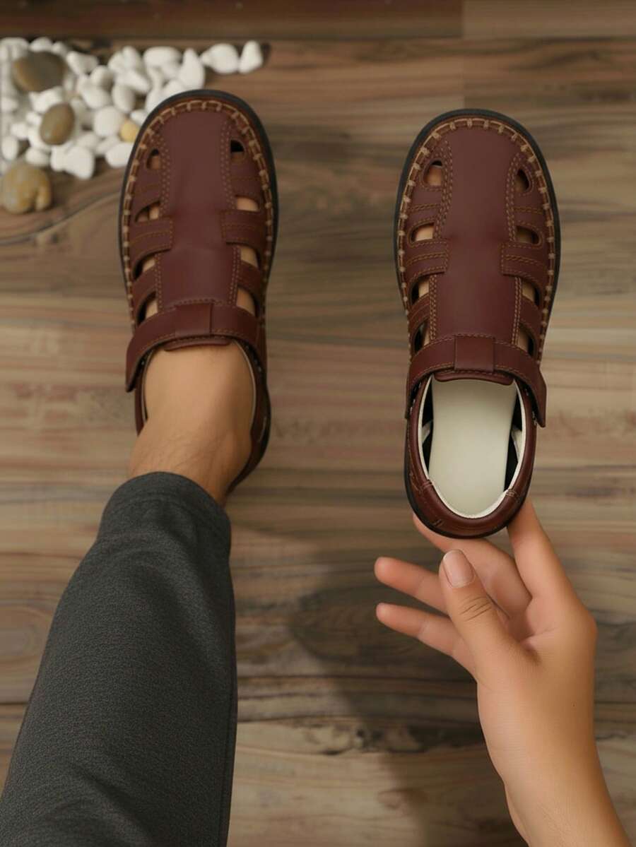 Zapatos de hombre piel suave transpirable punta redonda diseño casual suela cómoda verano sandalia cerrada - Marrón - Ver 1