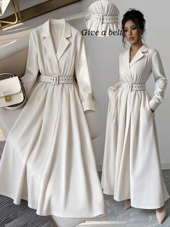 Rafferiza 女士优雅法式长袖连衣裙，腰带装饰，A 字裙，及踝长度，杏色，适合上班