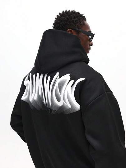 SUMWON Sudadera con capucha holgada regular para hombre con estampado de texto estilizado y bolsillo central, casual