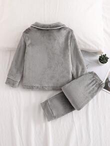 SHEIN 男童保暖柔软毛绒撞色边开衫长袖和裤子睡衣套装 - 灰色 - 查看 2