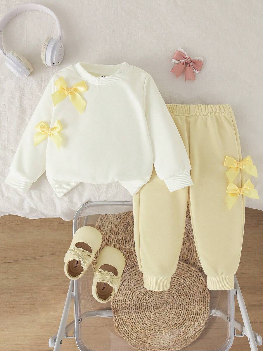 SHEIN 2 Stücke/Set Baby Mädchen Herbst/Winter Neu Fuchsia & Pink Lässig Süß Schleifen Dekor Langarm Sweatshirt Top & Hose Set