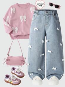 SHEIN Explorewe 2025 Otoño/Invierno Nuevas Llegadas, Pantalones vaqueros con lazo de moda para niñas, Pantalones vaqueros rectos casuales y retro para niñas, Denim lavado vintage azul claro para todas las estaciones, Estilo retro Y2K de ropa de calle, Cintura elástica, Suelto, Pierna recta, Pierna ancha, Lazo, Denim de algodón suave y cómodo, Adecuado para salidas diarias, escuela, transporte, fiesta, hogar, festivales Ropa con lazos Lazos en la ropa Ropa mona - Lavado ligero - Ver 1