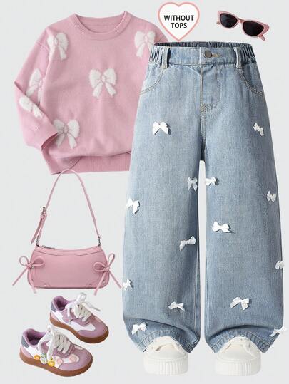 SHEIN Explorewe 2025秋冬新款，时尚女童蝴蝶结牛仔裤，休闲复古直筒牛仔裤，四季皆宜的浅蓝色复古水洗牛仔布，Y2K复古街头风，松紧腰，宽松直筒，阔腿，蝴蝶结装饰，柔软舒适的纯棉牛仔面料，适合日常出行、上学、通勤、聚会、居家、节日等场合。蝴蝶结装饰，可爱时尚。