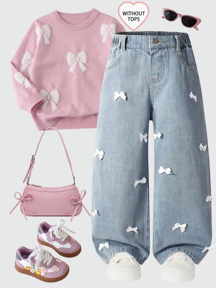 SHEIN Explorewe 2025 Otoño/Invierno Nuevas Llegadas, Pantalones vaqueros con lazo de moda para niñas, Pantalones vaqueros rectos casuales y retro para niñas, Denim lavado vintage azul claro para todas las estaciones, Estilo retro Y2K de ropa de calle, Cintura elástica, Suelto, Pierna recta, Pierna ancha, Lazo, Denim de algodón suave y cómodo, Adecuado para salidas diarias, escuela, transporte, fiesta, hogar, festivales Ropa con lazos Lazos en la ropa Ropa mona - Lavado ligero - Ver 1