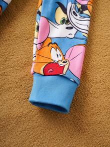 TOM & JERRY X SHEIN 2pcs Young Boy Cute Cartoon Pattern Crew Neck Long Sleeve Top And Pants Knit Casual High Stretch Snug Fit Pajama Set - Multicolor - View 6